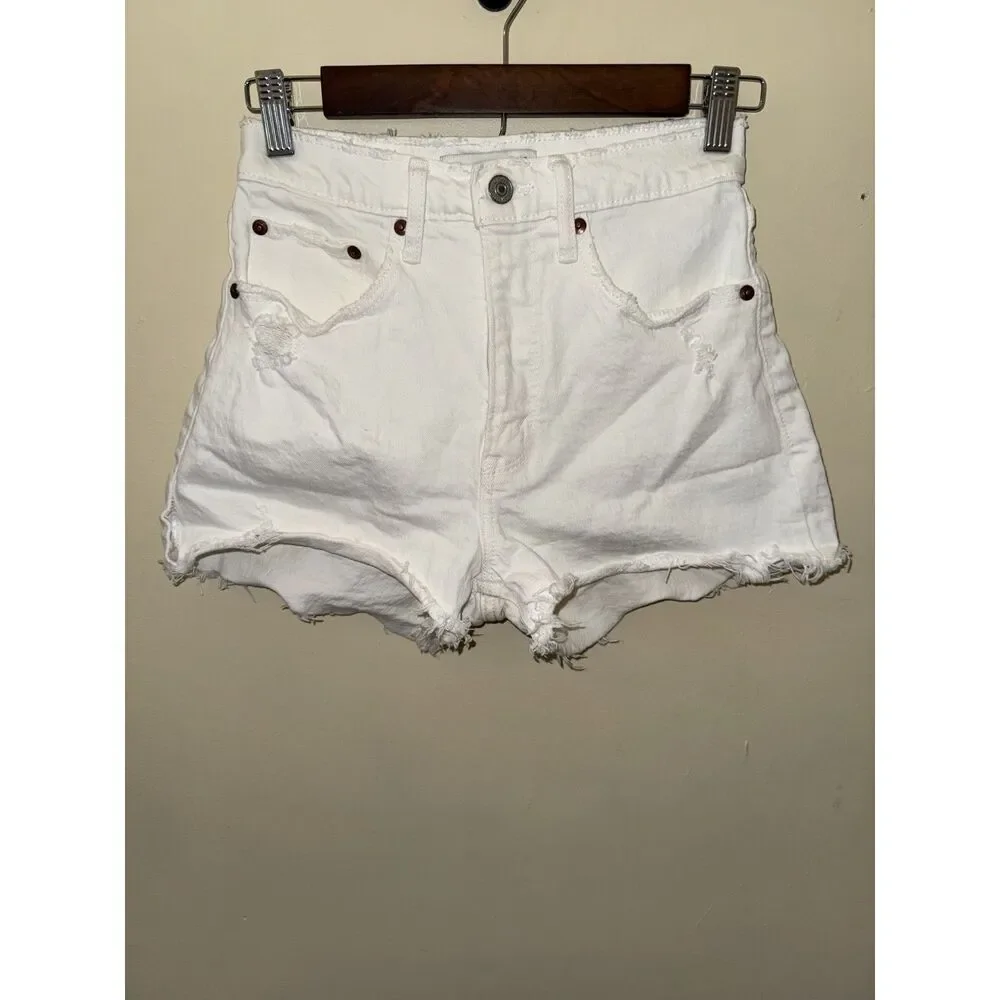 Abercrombie & Fitch Curve Love High Rise Mom Shorts White Distressed Size 25/0